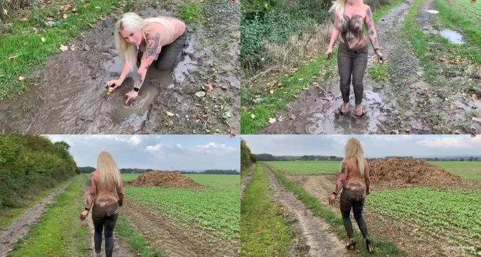 Devil Sophie - Mud Fetz Jeans mess - Heavy mess on the straw hill with devil-sophie FullHD 1080p / 247.9 MB